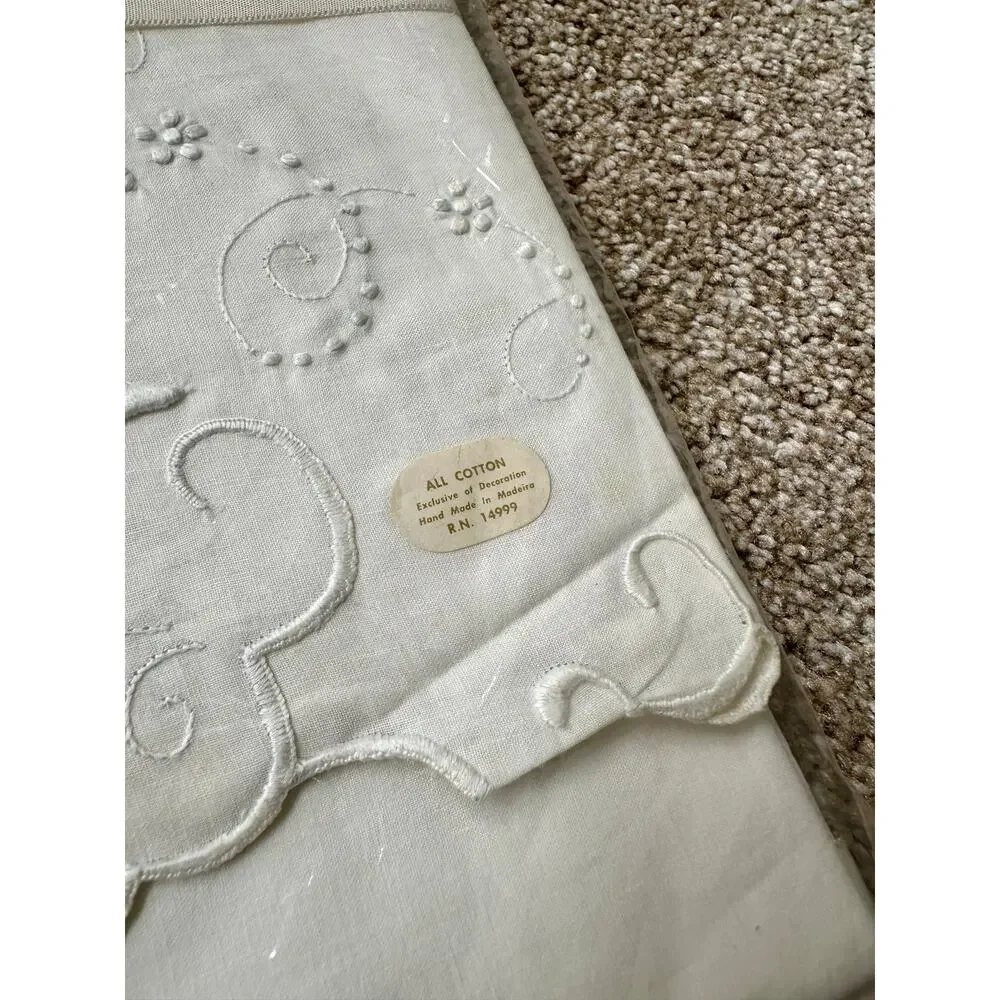 Vintage Pakell Cotton Hand Embroidered Pillowcases Madeira Portugal 22” x 36”